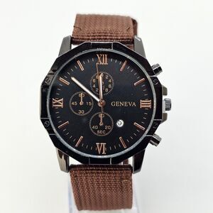Men's Watch 42MM Black Dial Black Case Brown Canvas Band Straps Date Indicator